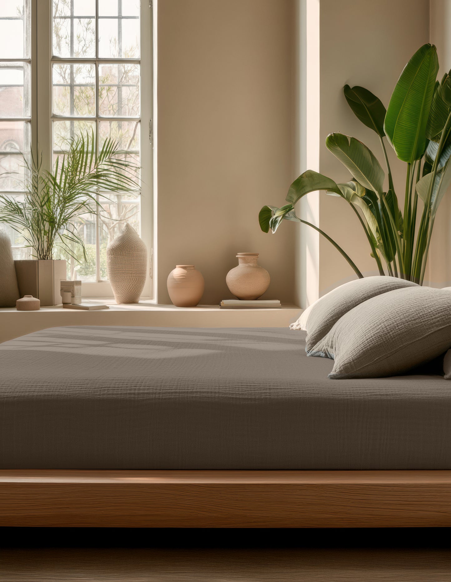 Hoeslaken Mousseline Taupe 1+1 GRATIS