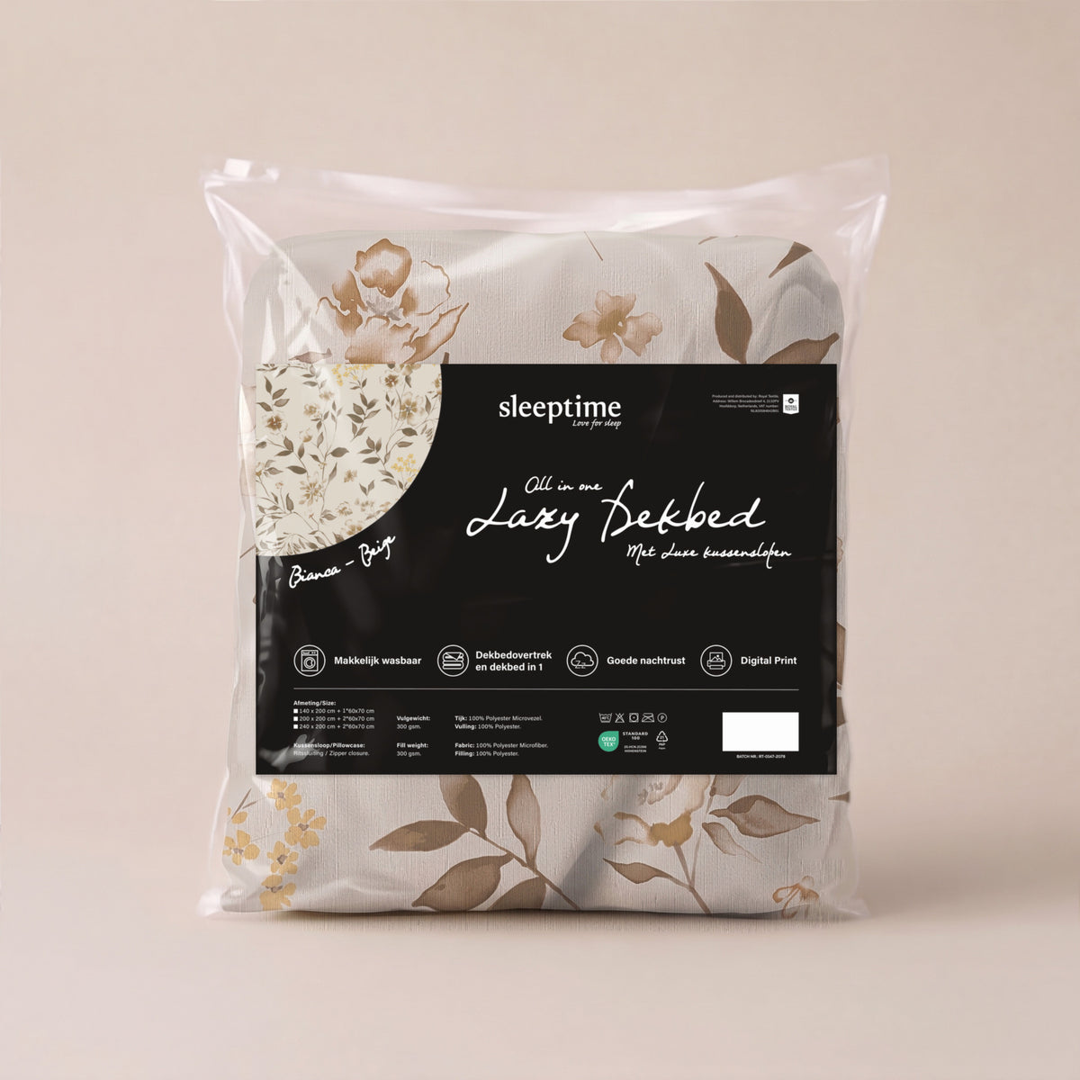 Dekbed Zonder Overtrek Bianca Beige – Wasbaar, incl. kussenslopen, extra lang 220 cm