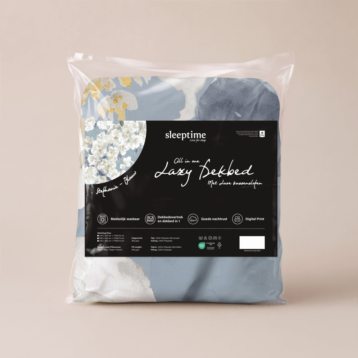 Dekbed Zonder Overtrek Stephanie Blauw – Wasbaar, incl. kussenslopen, extra lang 220 cm
