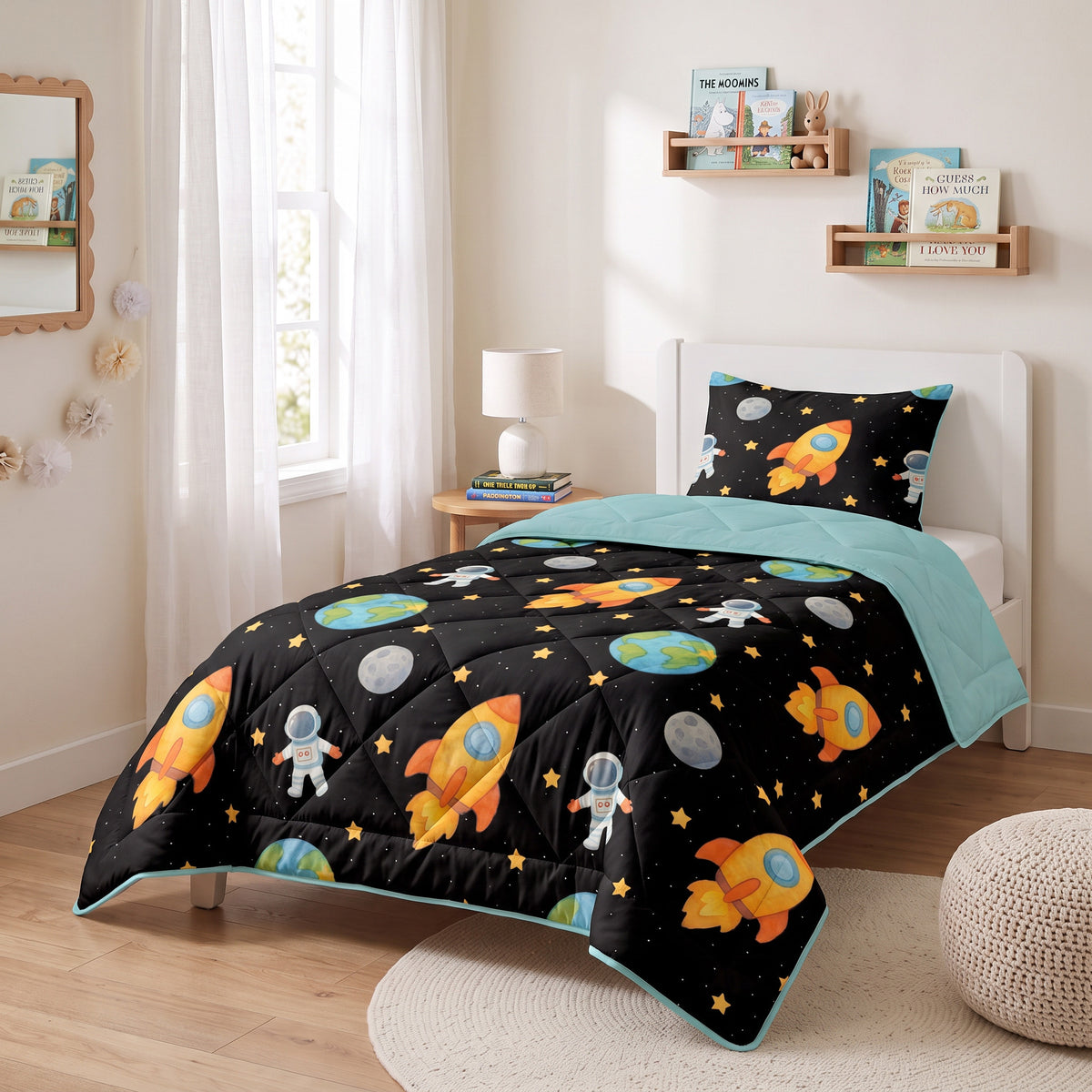 Kinderdekbed Zonder Overtrek Astronaut Zwart – Wasbaar 140 x 200 cm