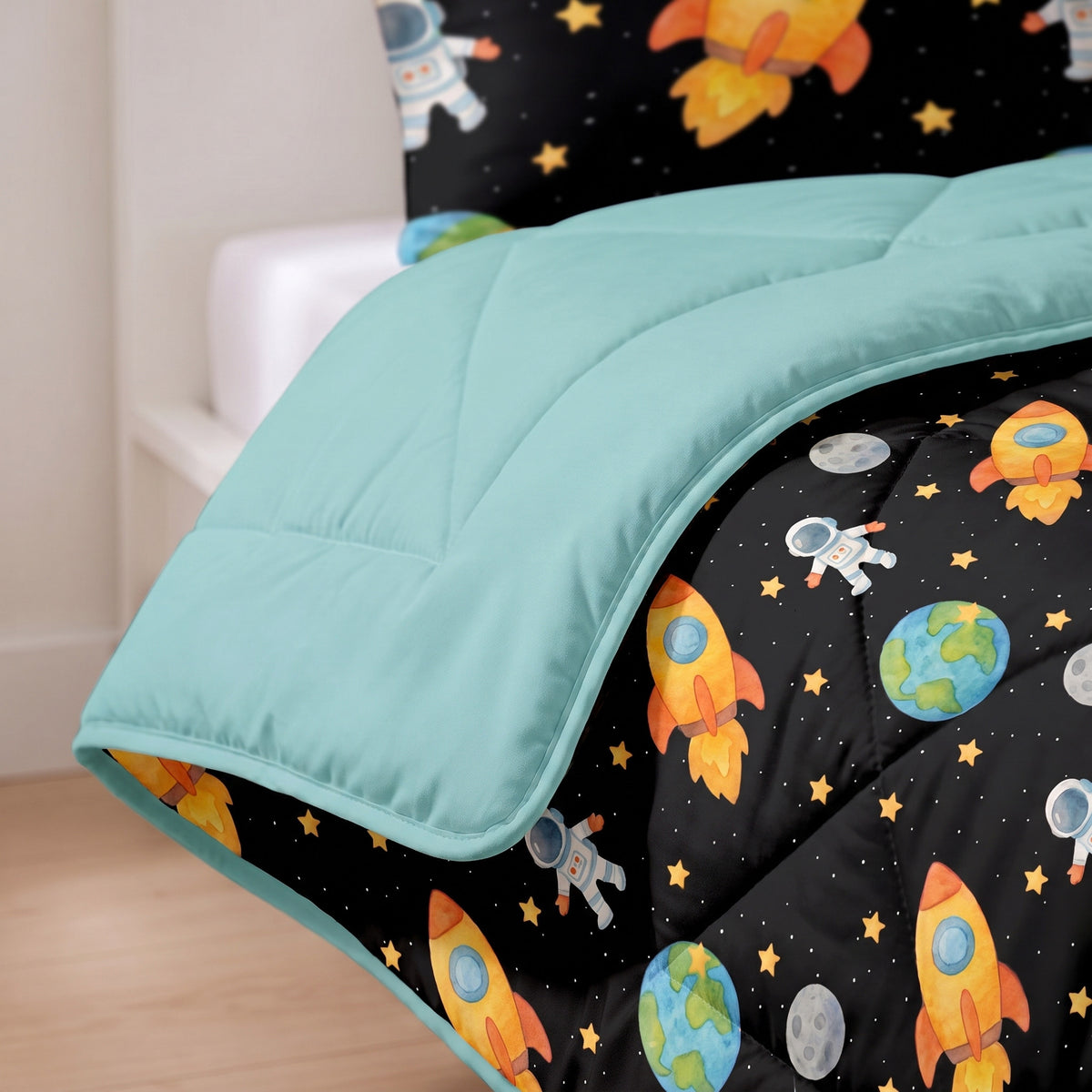 Kinderdekbed Zonder Overtrek Astronaut Zwart – Wasbaar 140 x 200 cm