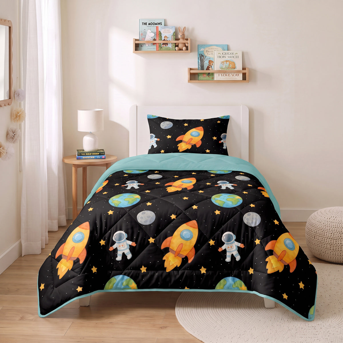 Kinderdekbed Zonder Overtrek Astronaut Zwart – Wasbaar 140 x 200 cm