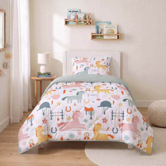 Kinderdekbed Zonder Overtrek Paardjes Wit – Wasbaar 140 x 200 cm