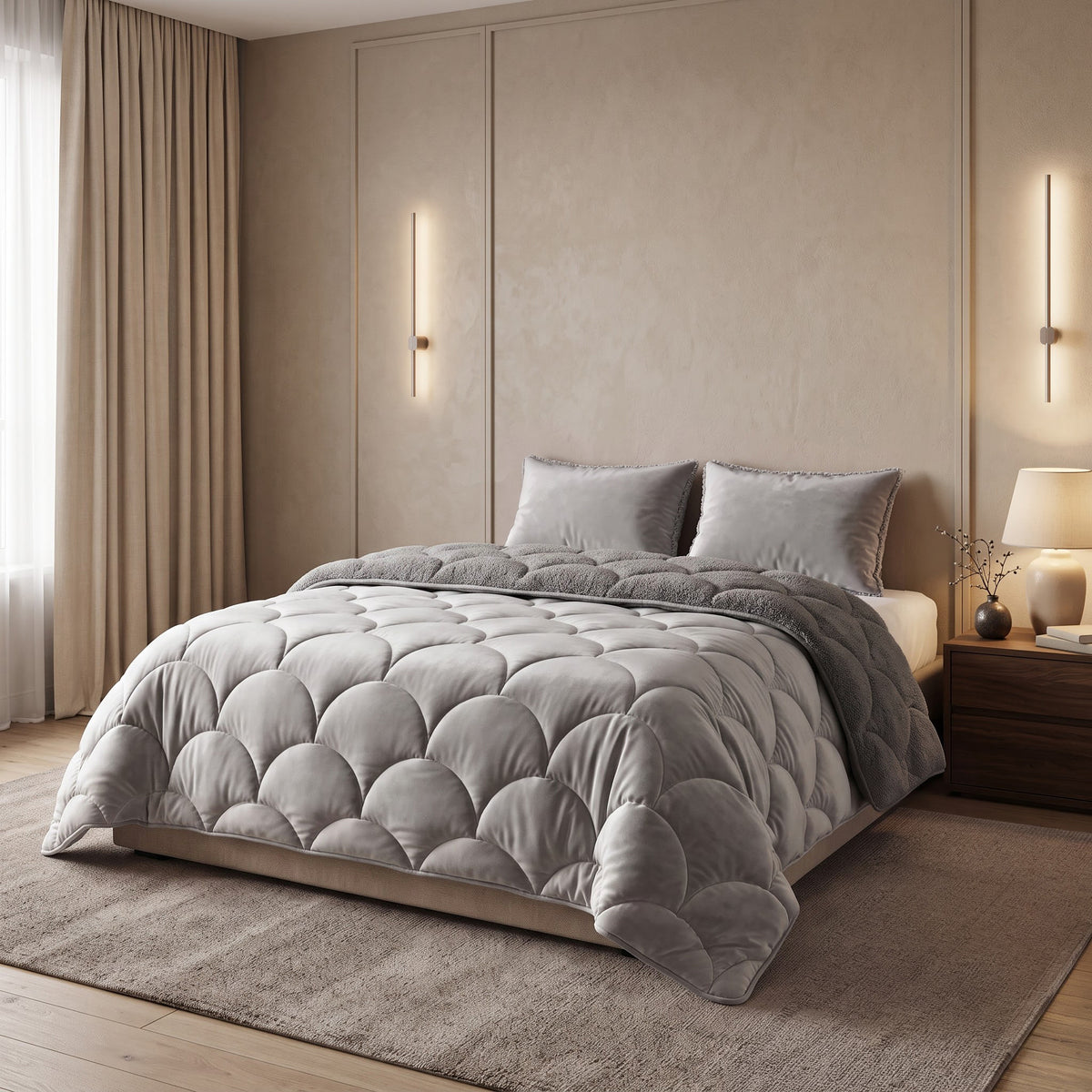 Teddy Velvet Dekbed Zonder Overtrek Taupe/Grijs – Wasbaar, incl. kussenslopen