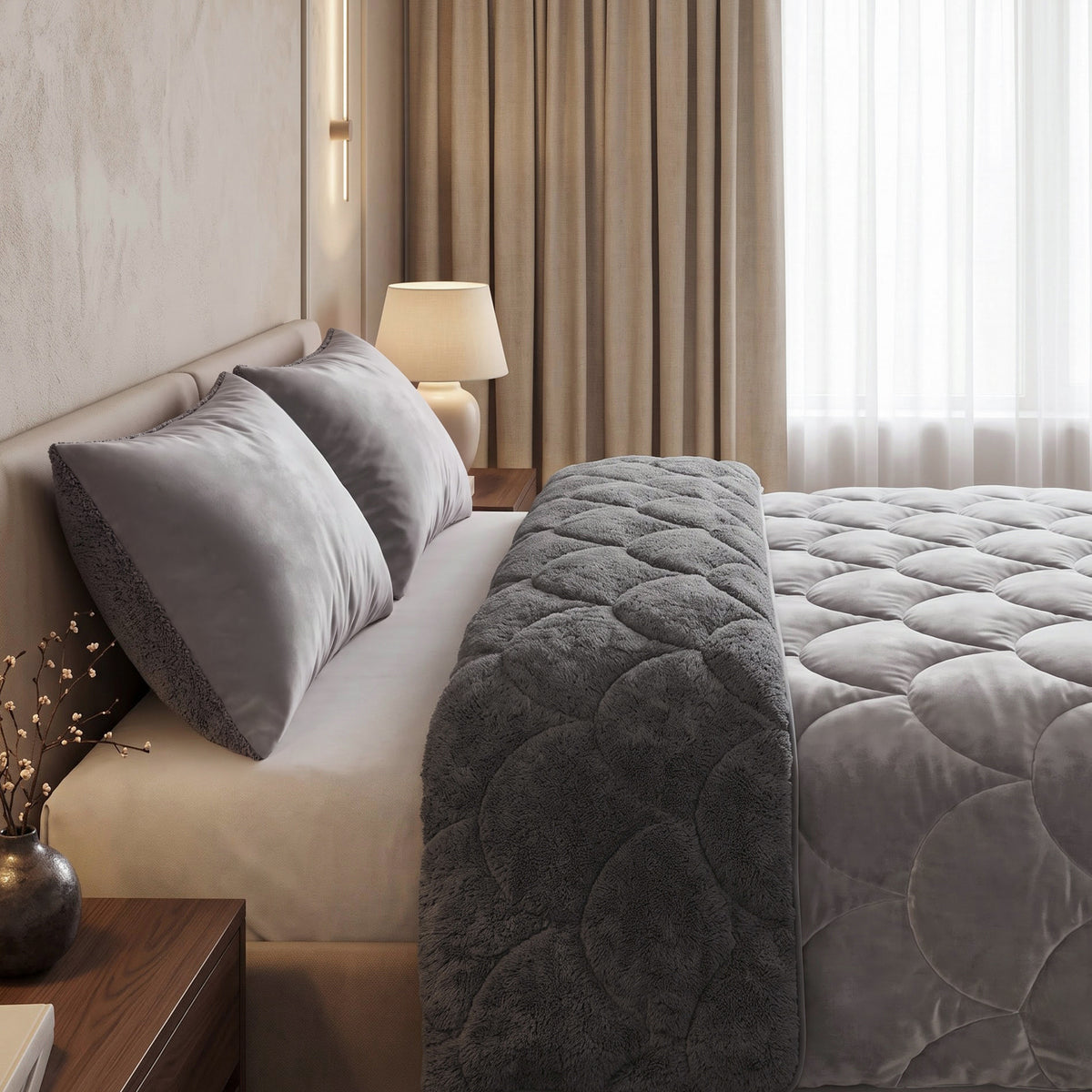 Teddy Velvet Dekbed Zonder Overtrek Taupe/Grijs – Wasbaar, incl. kussenslopen