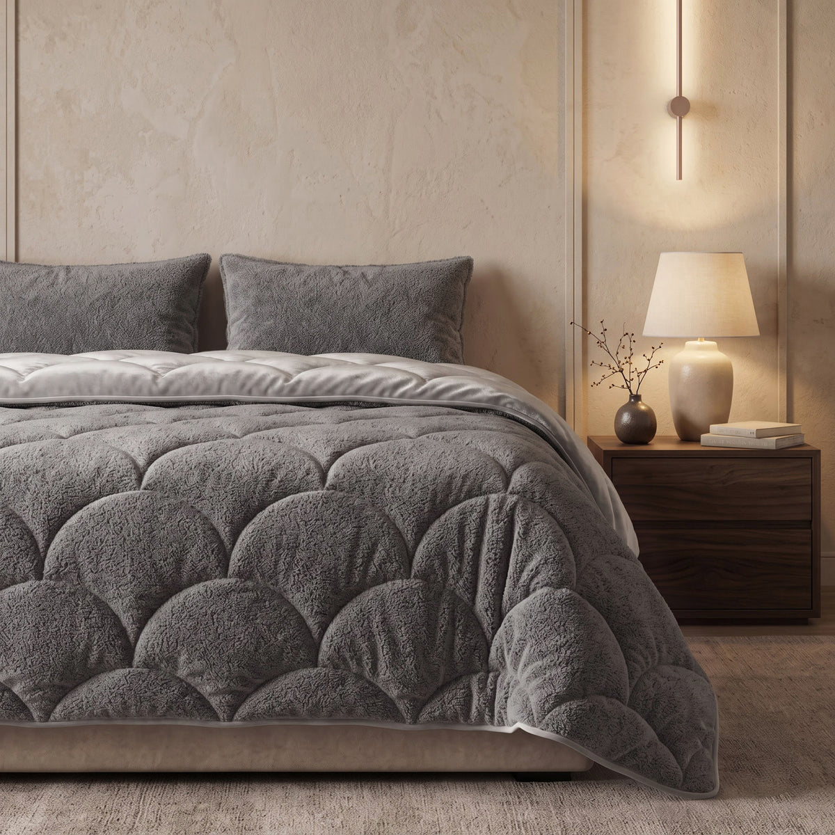 Teddy Velvet Dekbed Zonder Overtrek Taupe/Grijs – Wasbaar, incl. kussenslopen