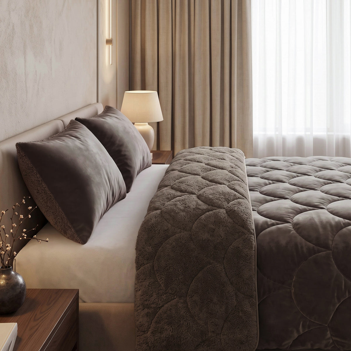 Teddy Velvet Dekbed Zonder Overtrek Taupe/Bruin – Wasbaar, incl. kussenslopen