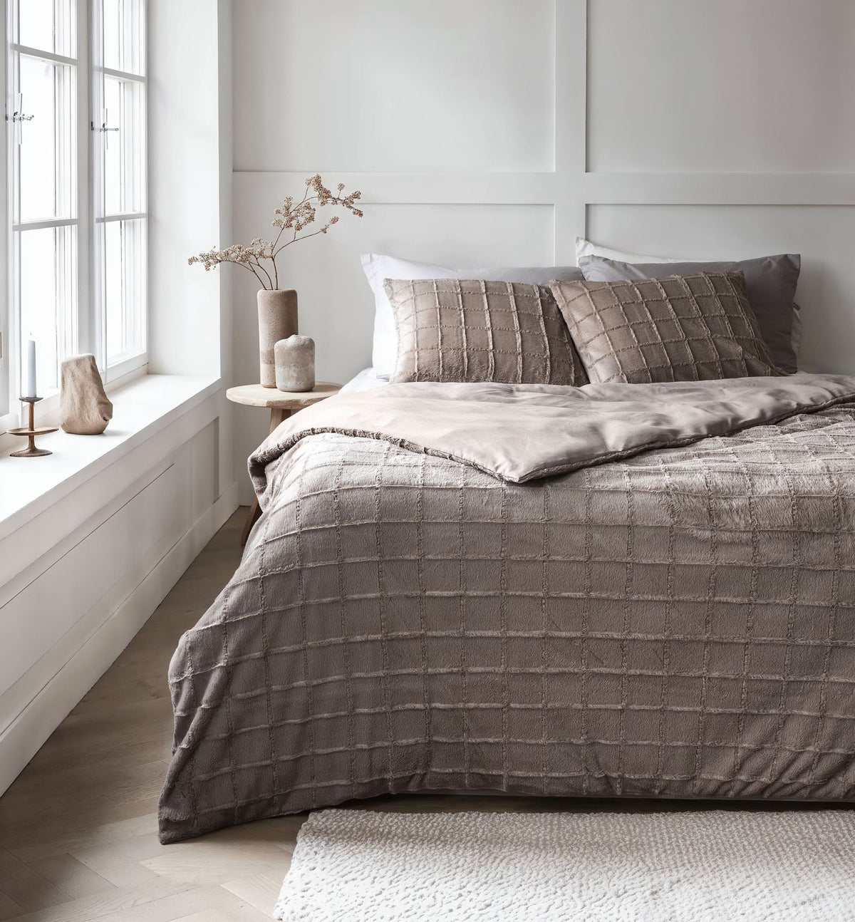 Dekbedovertrek Faux Fur Check Taupe