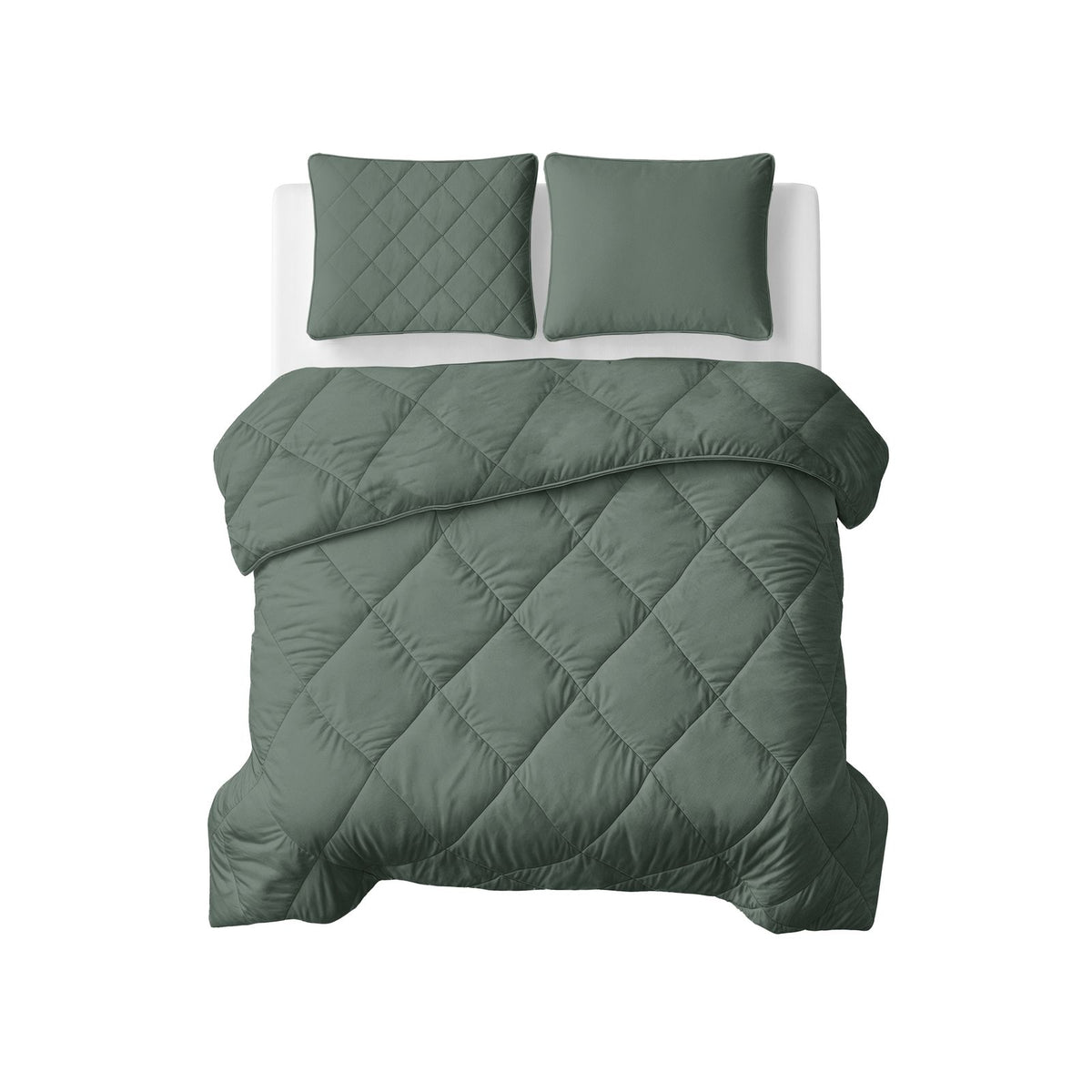 Lazy Dekbed Uni Grijs/Groen Met Kussenslopen