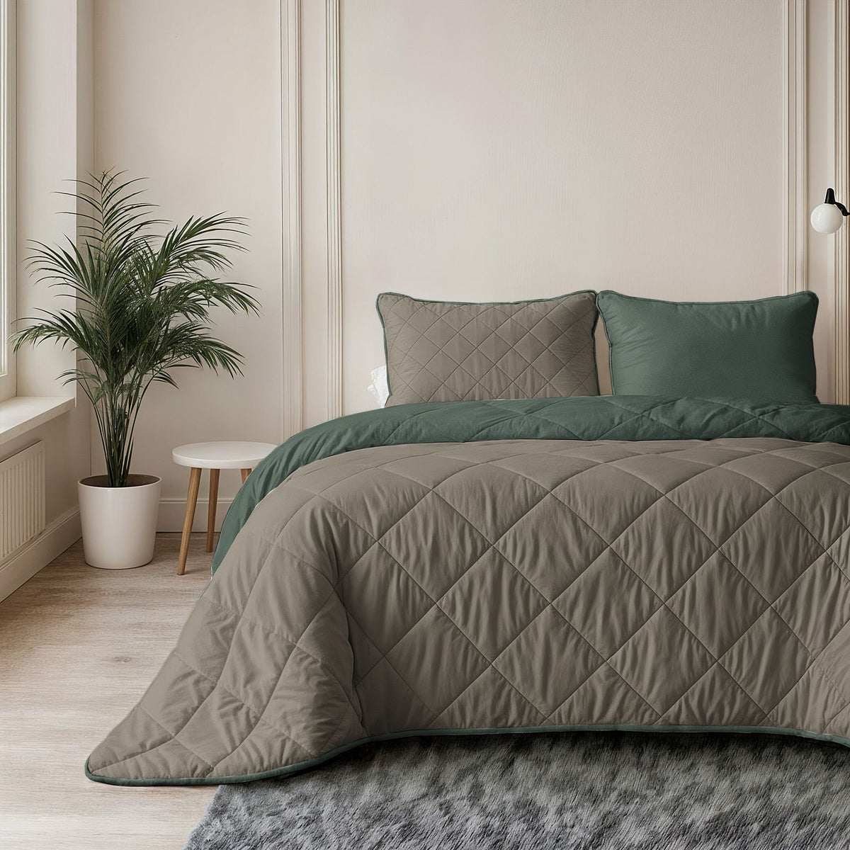 Lazy Dekbed Uni Groen/Taupe Grijs Met Kussenslopen