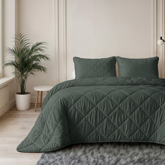 Lazy Dekbed Uni Grijs/Groen Met Kussenslopen